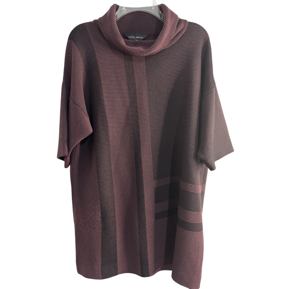 MING WANG Knit Turtleneck Pullover Top Burgundy Black Stripe Size S M